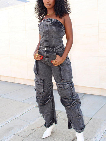 Denim Strapless Cargo Jumpsuits