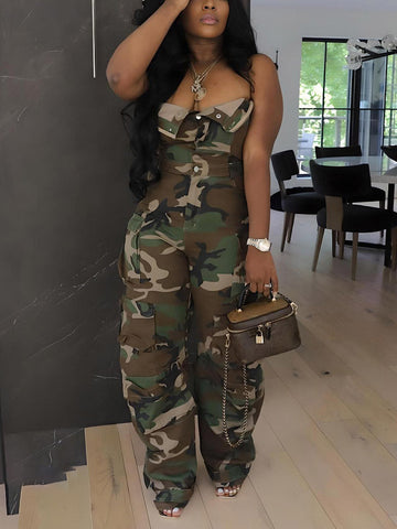 Denim Strapless Cargo Jumpsuits