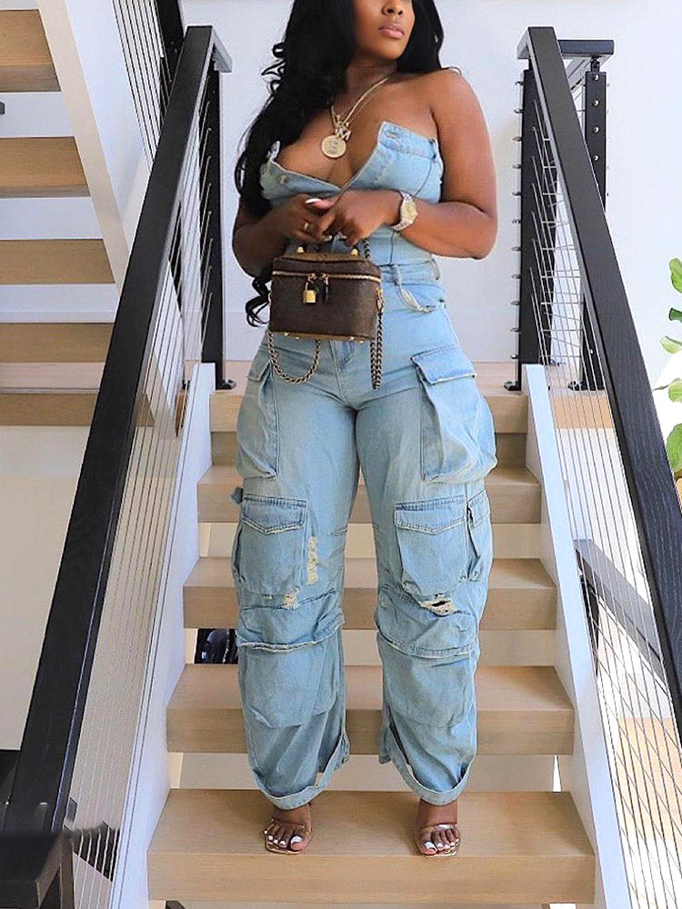 Denim Strapless Cargo Jumpsuits