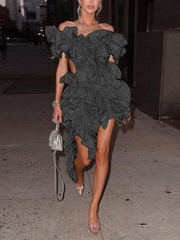 Butterfly Sleeve Asymmetrical Floral Ruffles Dresses