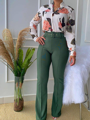 Floral Shirt Flared Pants Set