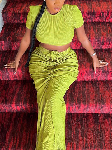 Crop Top Drawstring Skirt Set