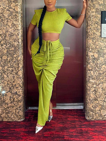Crop Top Drawstring Skirt Set