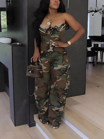 Denim Strapless Cargo Jumpsuits