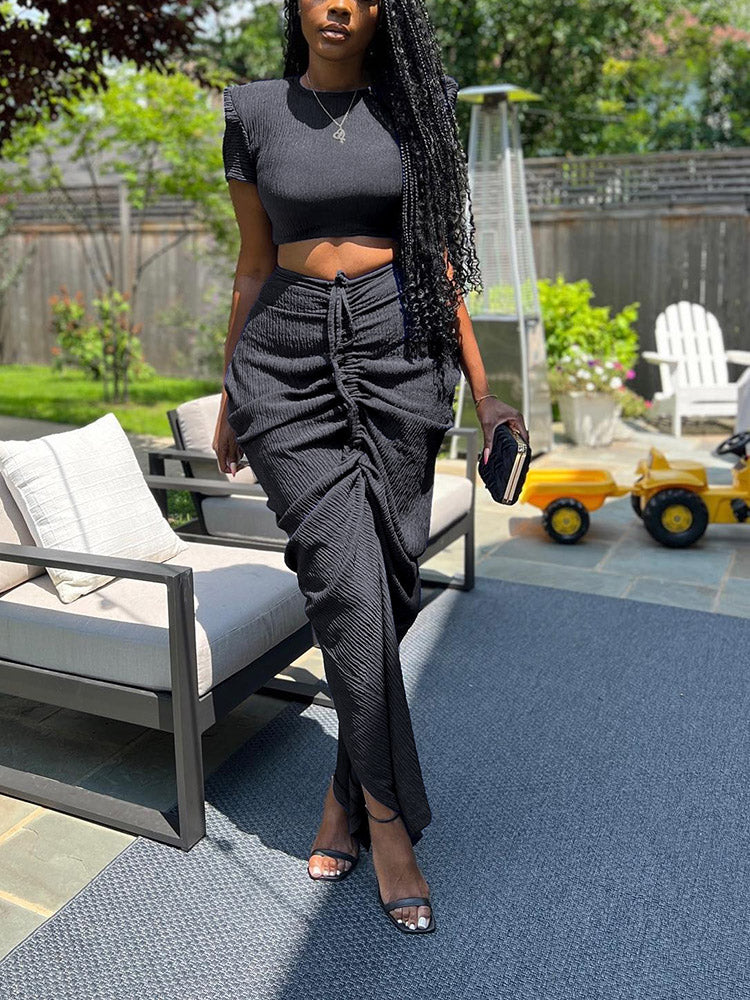 Crop Top Drawstring Skirt Set