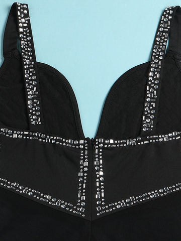 Rhinestone Mesh Contrast Jumpsuits