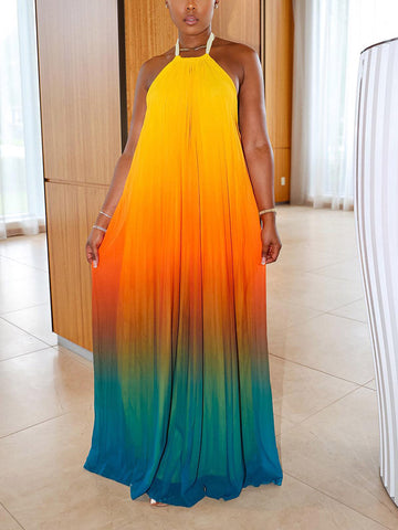 Ombre Pleated Backless Maxi Dresses
