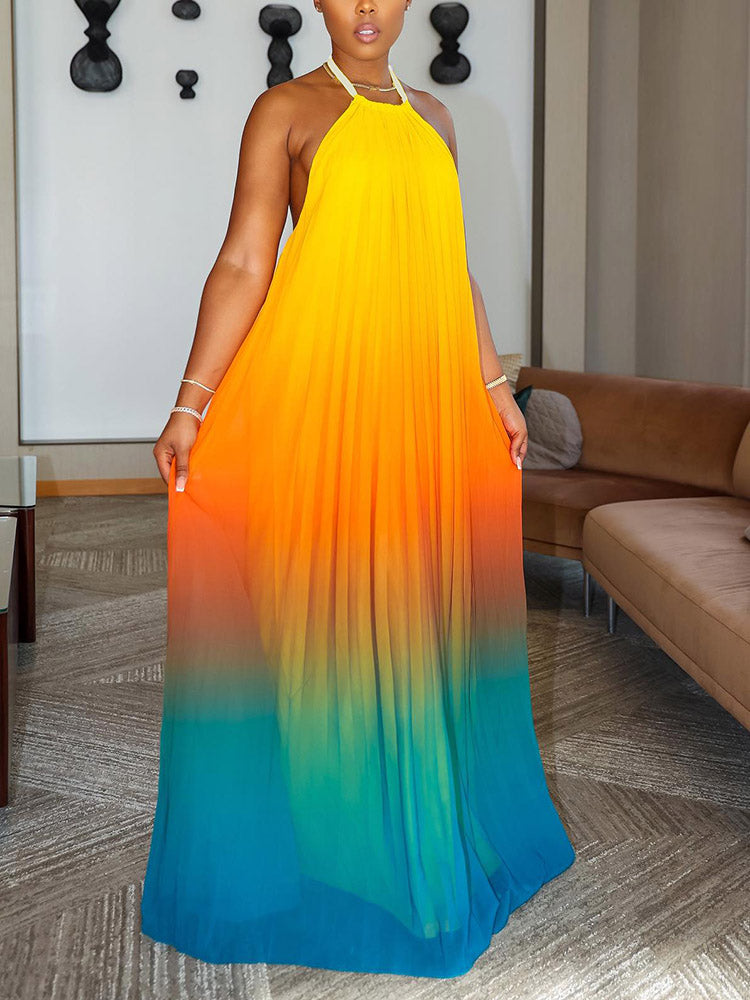 Ombre Pleated Backless Maxi Dresses