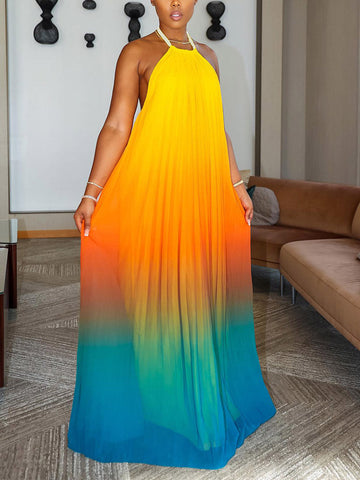 Ombre Pleated Backless Maxi Dresses
