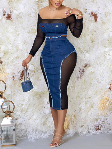 Denim Mesh Skirt Set