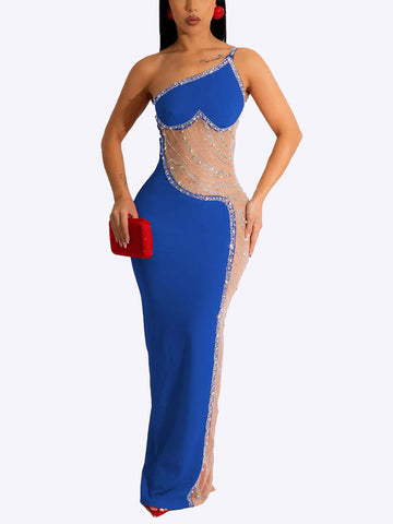 Rhinestone Pearls Mesh Asymmetrical Dresses
