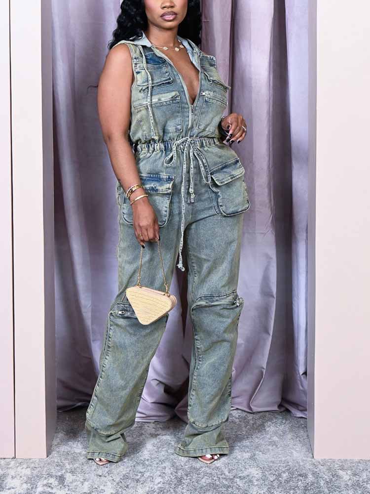 Vintage Hoodie Denim Jumpsuits