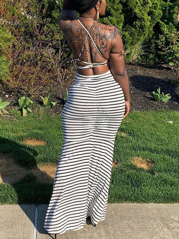 Striped Backless Strappy Maxi Dresses