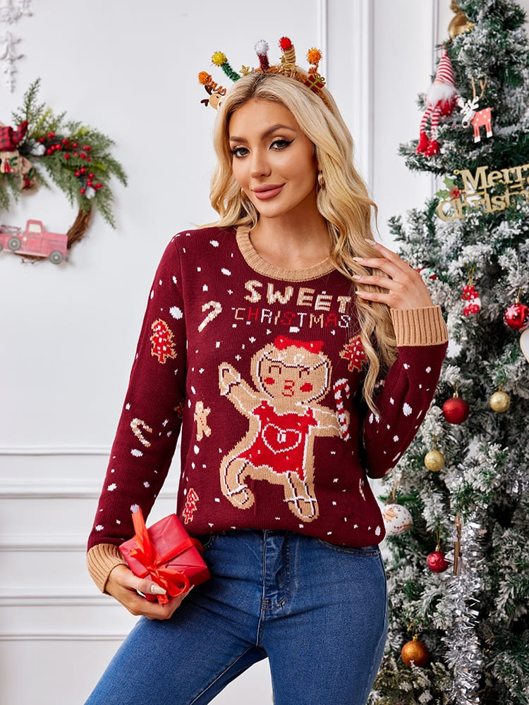Casual Crewneck Embroidered Sweater â€?Gingerbread Man