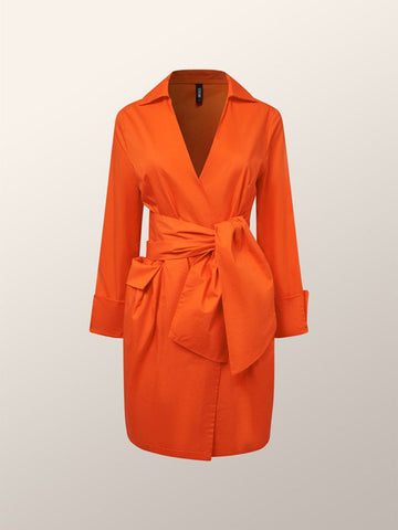 Orange Draped Cotton Wrap-Shirt Dress