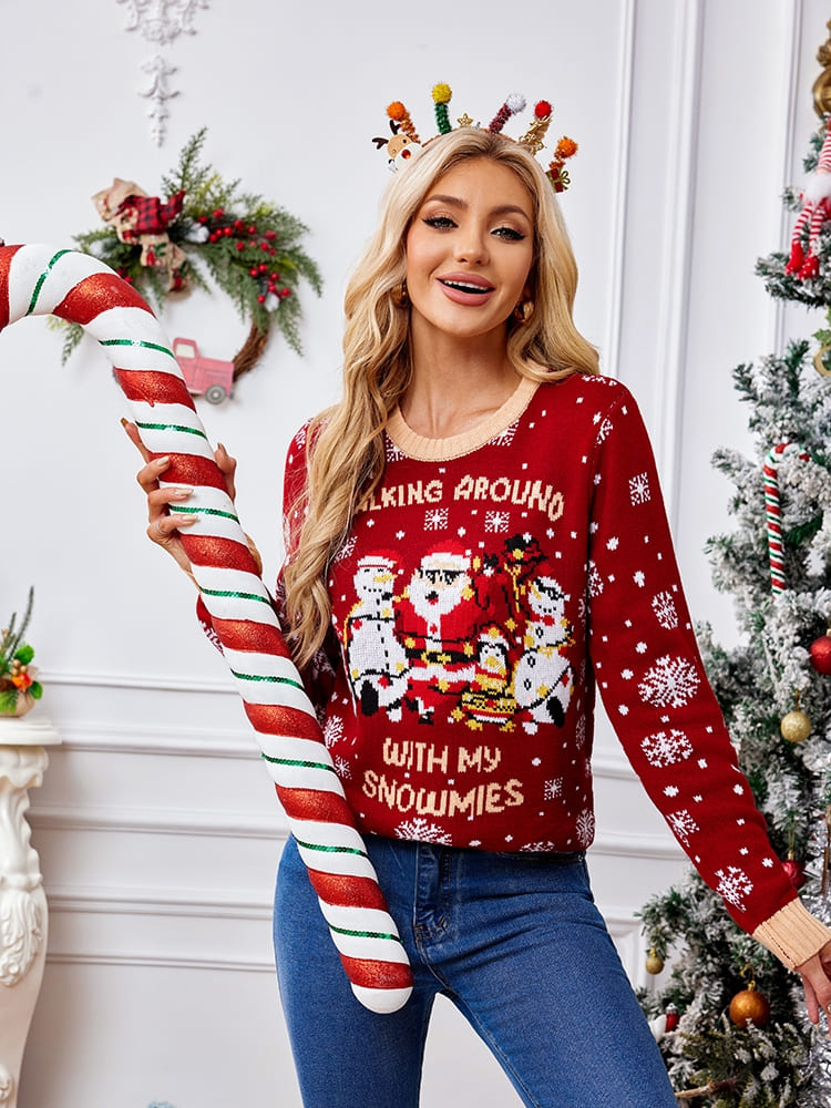 Casual Crewneck Embroidered Sweater â€?Santa Claus & Penguin
