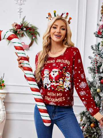 Casual Crewneck Embroidered Sweater â€?Santa Claus & Penguin
