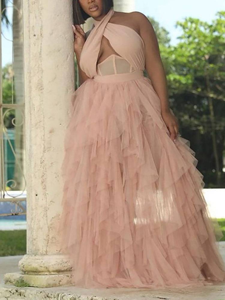 Backless Halter Mesh Party Maxi Dresses