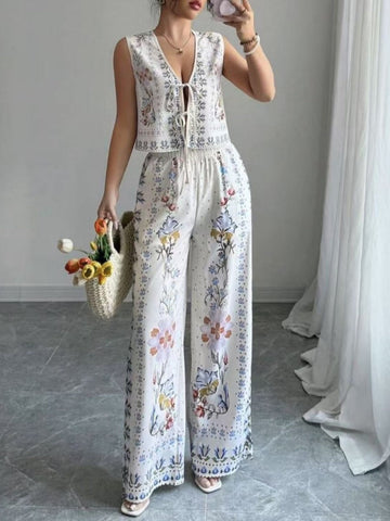 Tie-Up Vest & Wide-Leg Pants Set â€?Sky Blue Print