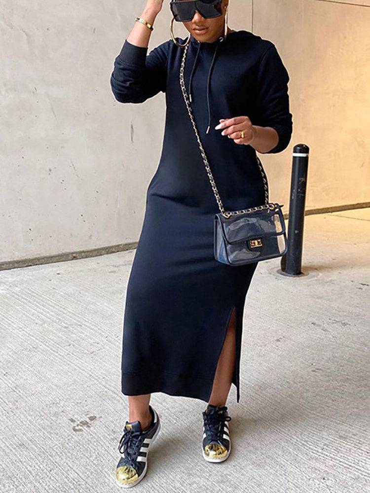 Slant Pockets Drawstring Hoodie Dresses