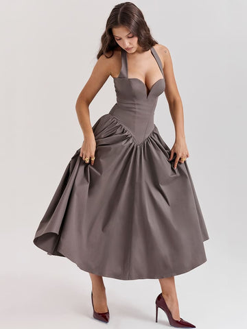 Halter Neck Midi Dress with Side Slit - Smoky Gray