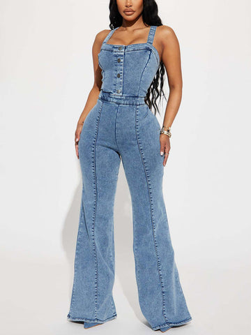 Sleeveless Flared Denim Jumpsuits