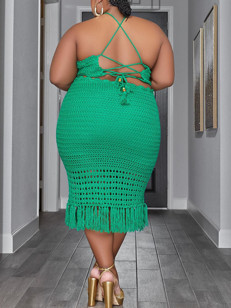 Crochet Halter Top Tassels Skirt Set