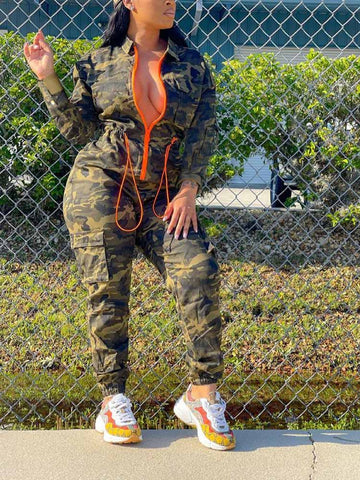 Camouflage Front Zipper Jumpsuits