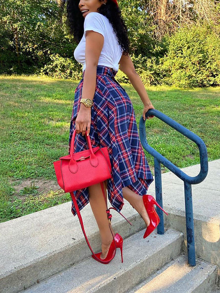 Asymmetric Plaid Midi Skirts