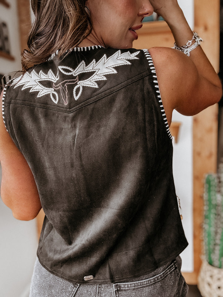 Black Suede Bootstitch Western Vest
