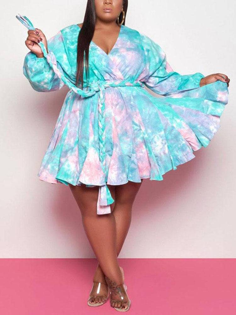 Tie Dye With Belt V Neck Dresses