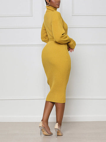 Turtleneck Knit Tie Waist Dresses