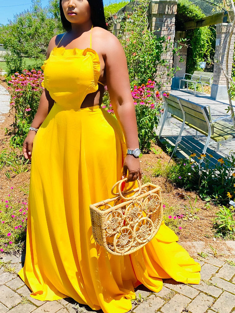 Ruffle Halter Backless Maxi Dresses