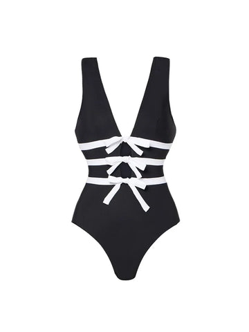 Cutout Black and White One-Piece Swimsuit
