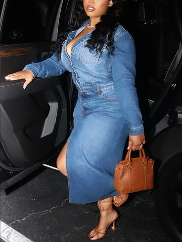 Denim Slit Maxi Dresses
