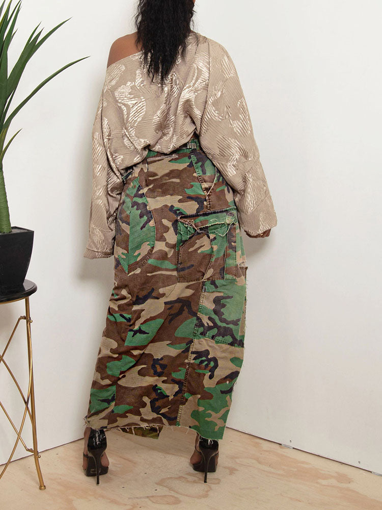 Camo Denim Button High Split Skirts