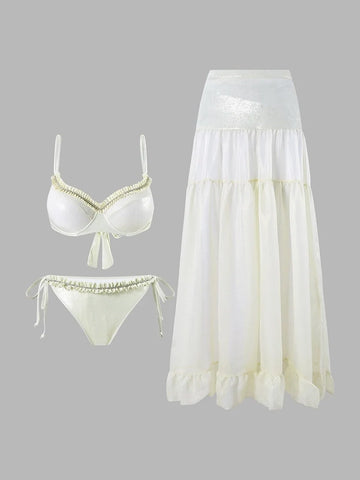 Ruched Tie-String Glossy White Bikini Set