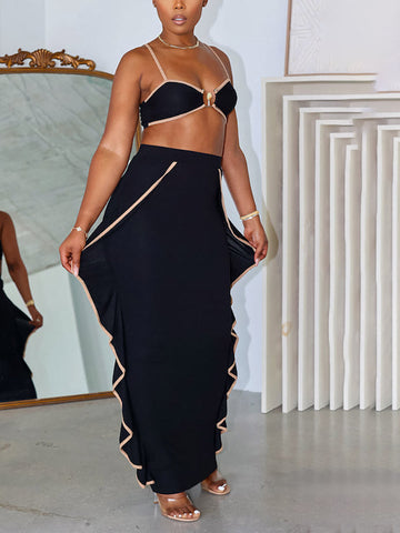 Ribbed Bralette Ruffle Trim Skirt Set