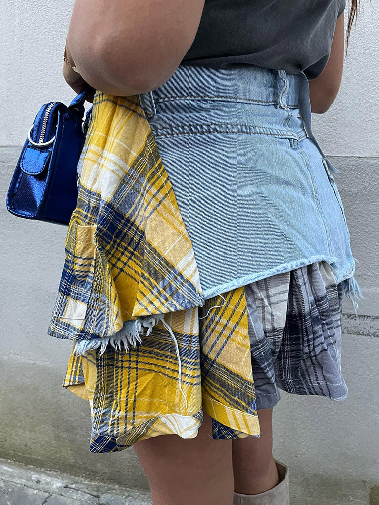 Denim Patchwork Plaid Irregular Skirts