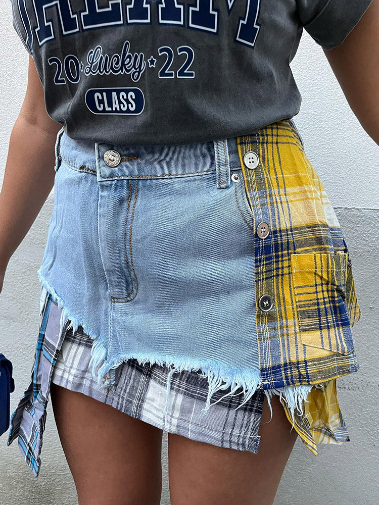 Denim Patchwork Plaid Irregular Skirts