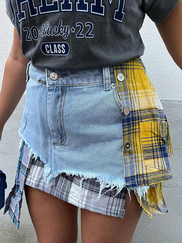 Denim Patchwork Plaid Irregular Skirts