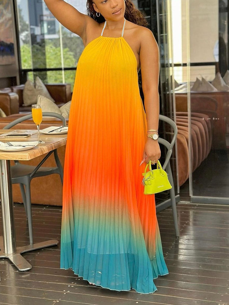 Ombre Pleated Backless Maxi Dresses