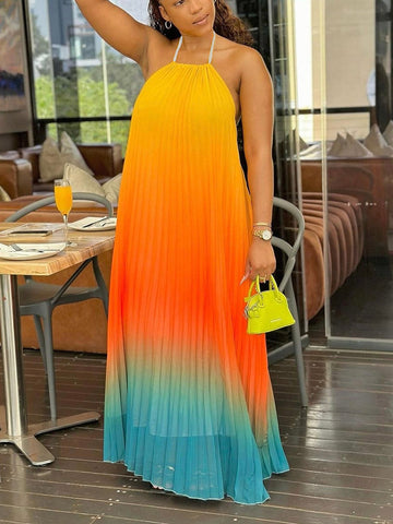 Ombre Pleated Backless Maxi Dresses