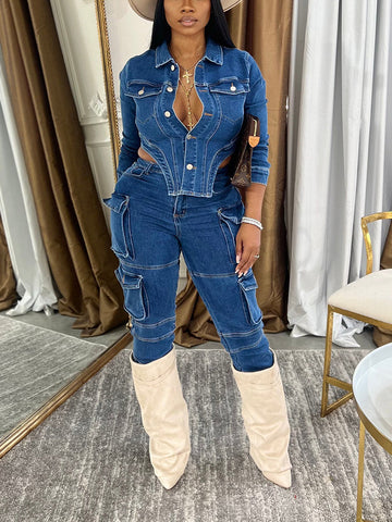 Denim Asymmetrical Jacket  Cargo Jeans Set