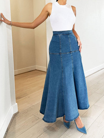 Ripple Denim Midi Skirts