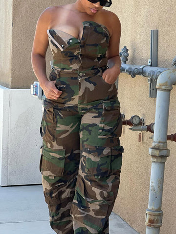 Denim Strapless Cargo Jumpsuits