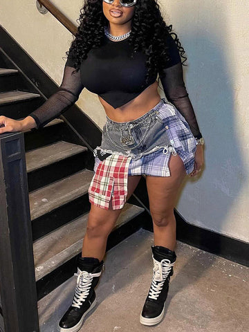 Denim Patchwork Plaid Irregular Skirts