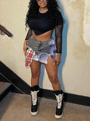 Denim Patchwork Plaid Irregular Skirts