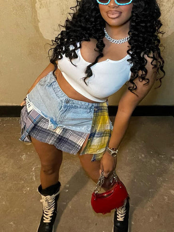 Denim Patchwork Plaid Irregular Skirts