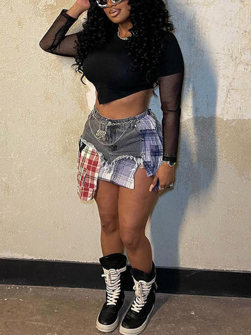 Denim Patchwork Plaid Irregular Skirts